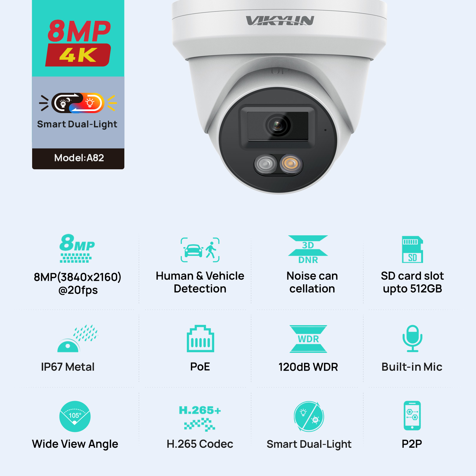 Home Security Lights Outdoors - VIKYLIN 8MP 4K IP-beveiligingscamera Smart Dual