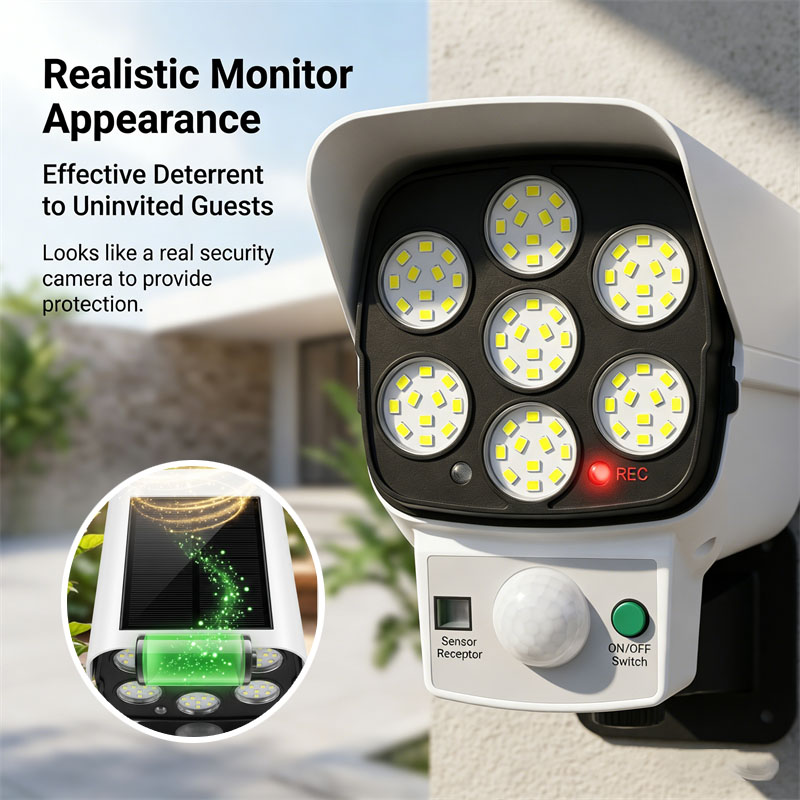 Home Security Flood Lights - Zonne-aangedreven nep-beveiligingscamera met bewegingsmelder LED-schijnwerper buitenlamp